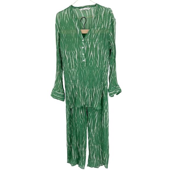 ZARA Green Printed Pajama Style Resort Set Top & Pants Small Medium Boho - Picture 4 of 12